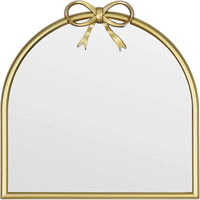9.8-inch x 9.8-inch Arched Plastic wall Mirror with Bow at top, Modern Decorative Mirror, Small Arched wall Mirror Suitable for entryways and hallways (Gold, 9.8x9.8 inch)