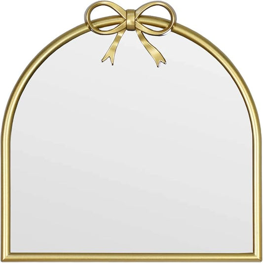 9.8-inch x 9.8-inch Arched Plastic wall Mirror with Bow at top, Modern Decorative Mirror, Small Arched wall Mirror Suitable for entryways and hallways (Gold, 9.8x9.8 inch)