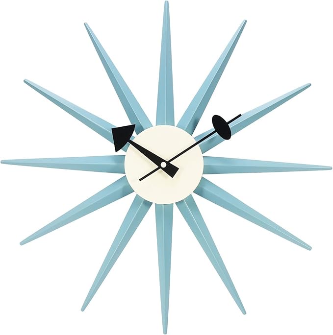 SHISEDECO Art Decorative Modern Silent Wall Clocks for Home, Kitchen, Living Room, Office etc., Colorful Wooden Mid Century Retro Design(Full Range Available) (Sunburst Clock Blue)