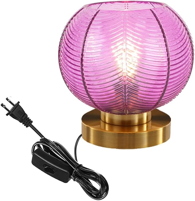 Gold Mid Century Modern Table Lamp with Purple Ribbed Glass Shade - Globe Desk Nightstand Lamp for Bedroom, Living Room, Office