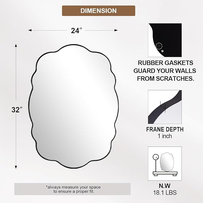 ANDY STAR Matte Black Wavy Scalloped Wall Mirror -24x32 Inch Oval Bathroom Vanity Mirror for Vanity, Living Room & Entryway, Anti Rust Stainless Steel Wall Mount Horizontal or Vertical