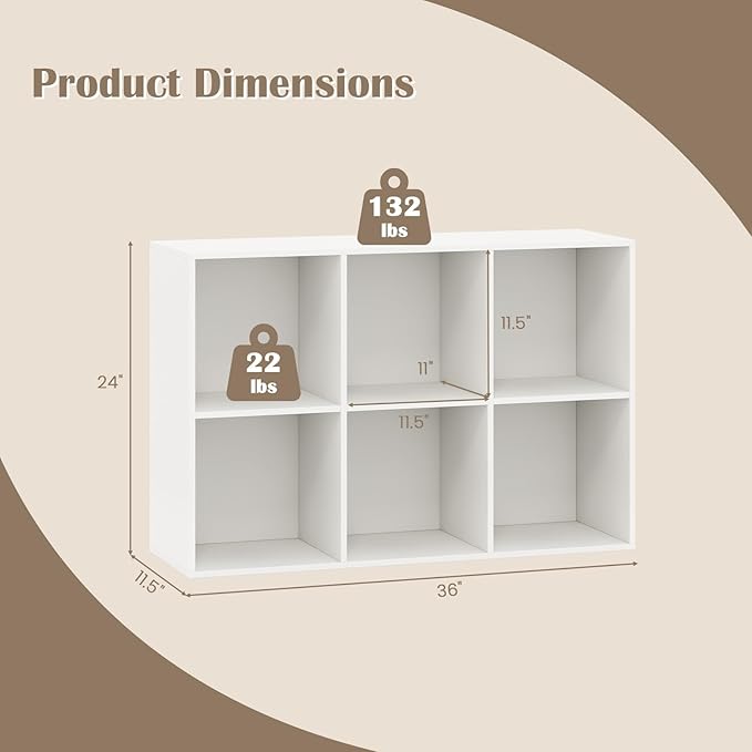 Tangkula 6-Cube Bookcase, Large Floor Standing Horizontal Bookshelf with 6 Open Shelves & 2 Anti-Tipping Kits, Home Office Wooden Storage Book Shelf for Living Room, Study (White, 6-Cube)