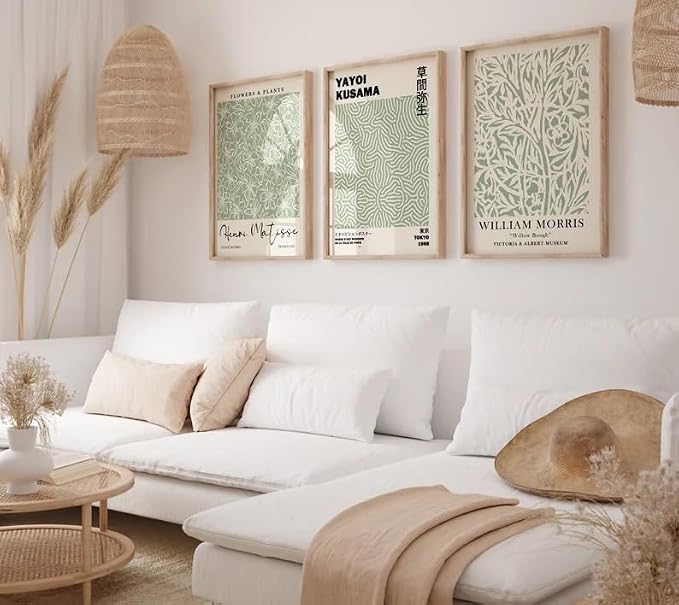 HesenDot Matisse Sage Green Wall Art Set of 3,William Morris Wall Art Decor,12x16IN Truly Quality Canvas Wall Art Pictures,Yayoi Kusama Print, Unframed Fabric wall art,Art poster decoration for
