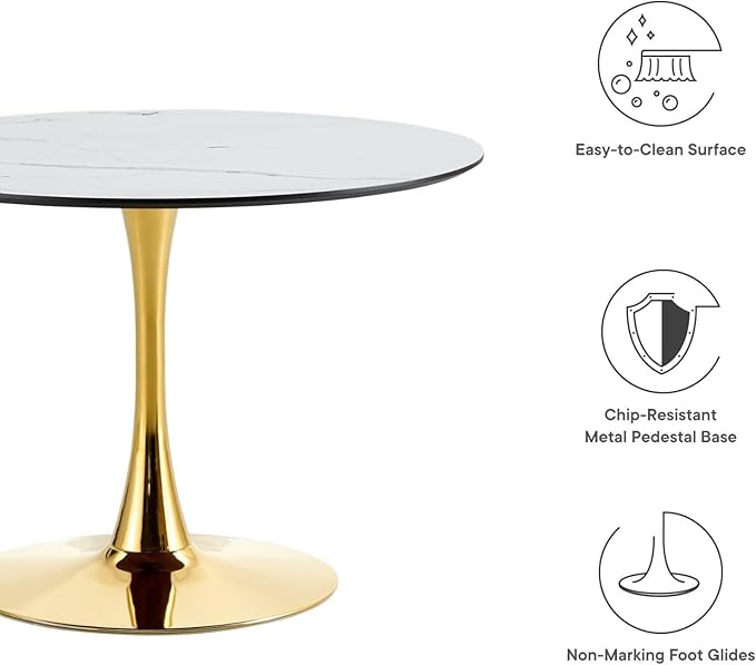 31.5 Inch Round Dining Table for 2-4 Person,Mid-Century White Tulip Table with Faux Printed Marble Tabletop and Gold Metal Base,Pedestal Base Table for Kitchen Dining Room