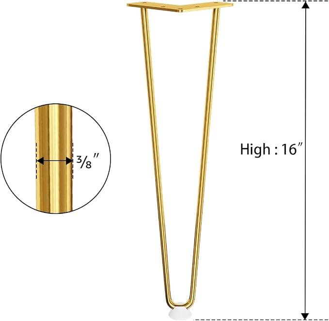 SMARTSTANDARD 16 Inch Hairpin Furniture Legs, 3/8'' Rods Metal Home DIY Projects for Nightstand, Coffee Table, Desk with Rubber Floor Protectors, Gold Set of 4PCS