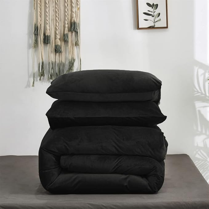 Pureant Black Velvet Comforter Sets King Solid Black Fluffy Bedding Comforters Women Men Plain Dark Color Flannel Quilt Modern Minimalist Blanket Micromink Sherpa Plush Bed