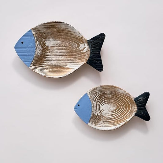 2PC Beach Decor for Home or Ocean Decor Fish Hanging Wall Art Coastal Decor Ocean Bathroom Decor Nautical Wall Decor, Fish Decor for Bathroom, Patio or Pool. Wooden Vintage