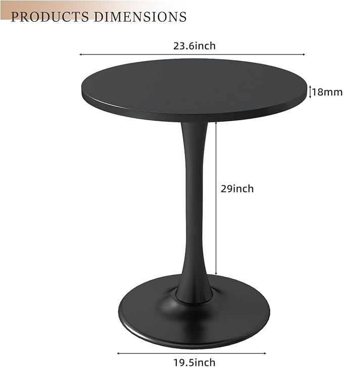 Round Dining Table 24" Circle Tulip Table with Wood Thickened Tabletop & Sturdy Metal Pedestal Mid Century Modern Leisure Bistro Kitchen Tables 2 People Small Places Living Room Cafe,Black