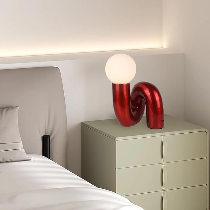 Bauhaus Red Table Lamp Modern Globe Glass Table Light with Glass Shade Resin Aesthetics Light Fixtures for Bedside Bedroom Living Room Kid’s Room Corner Office Cafe