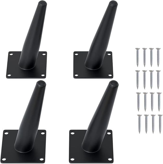 FIVEPEARS 4 PCS 6 Inch Heavy Duty Matte Black Metal Slant Angled Tapered Legs Set for Furniture, Mid Century Modern Style Feets for Coffee Table Couch Sofa Cabinet Chair Dresser Bed Desk Credenza
