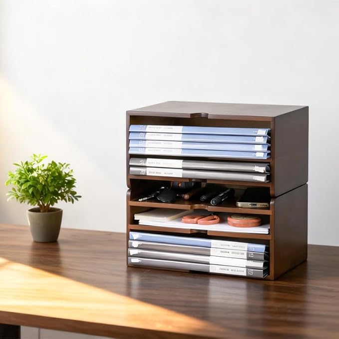 Wooden Desk Organizer with Dark Wood Finish, Stackable Paper Tray & File Holder, Multifunctional Mail Letter Sorter for A4 Documents, File Organizer，Office Supplies Storage for Home Office Study Work