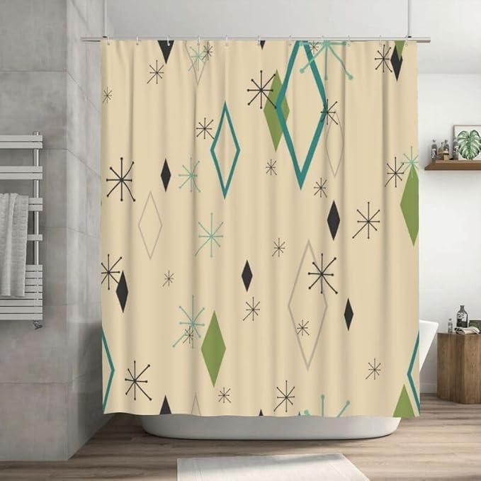50s Retro Shower Curtain Atomic Mid Century Modern Space Pattern Duty Fabric Shower Curtains Set Bathroom Polyester Waterproof with 12 Hooks, 66x72Inch（168x183cm）