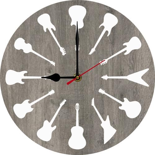 FemiaD Music Wall Clock Guitar Sign 10inch Silent Non-Ticking Battery Operated Quartz Round Wooden Wall Clock Decorative for Kitchen Bedroom Living Room Home Decor