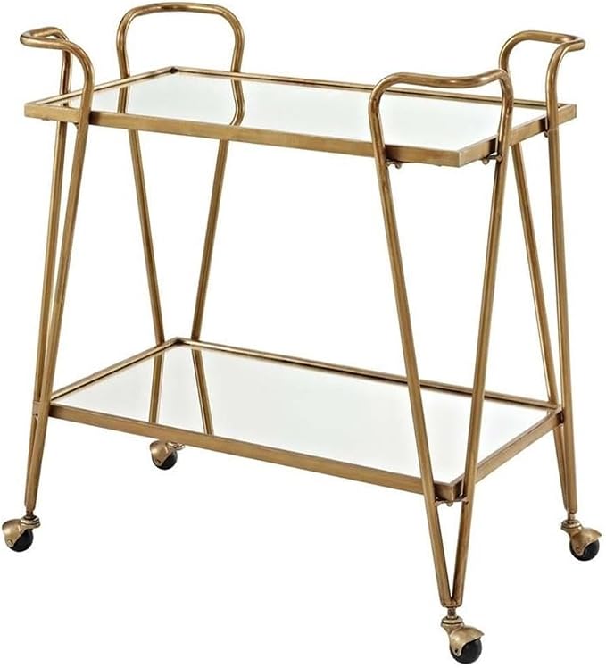 Pemberly Row Mid-Century Mirrored Bar Cart, Gold Finish, Iron and Mirror Construction, 30" W x 17.38" D x 31.75" H, Castors for Easy Mobility, Versatile Storage for Home or Entertaining Spaces