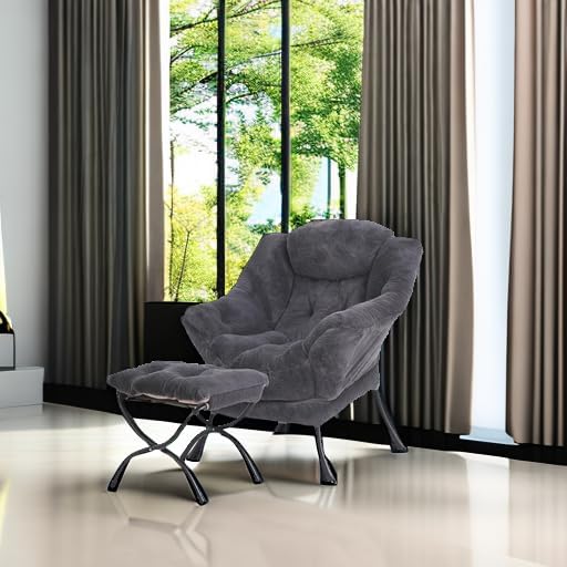Tiita Lazy Chair with Ottoman, Modern Large Accent Lounge Chair, Leisure Sofa Armchair with Ottoman, Reading Chair with Footrest for Bedroom, Living Room, Dorm Rooms, Garden, Plush-dark Grey