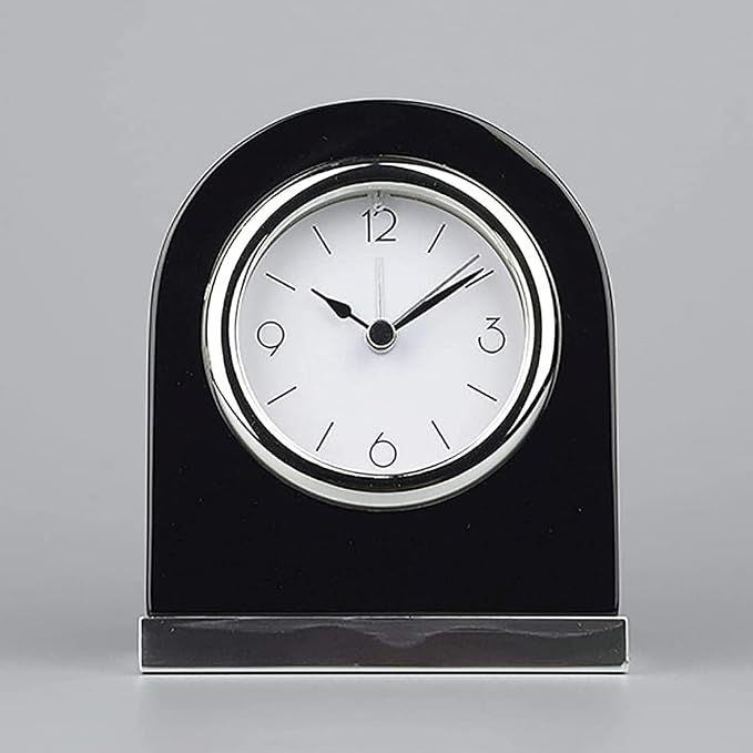 Table Clock Classic Desk Alarm Wood Desk Archway Small shelf clock with Silver Base. Retro Style small table clock, Modern Arched Shaped Clock,Low-Gloss Rosewood Hall Finish, Brass Finish Metal Bass.