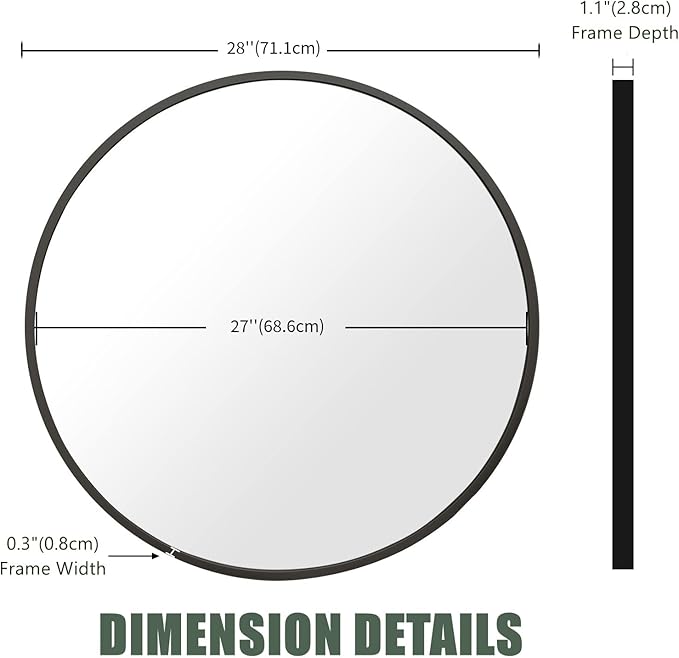 BEAUTYPEAK 28 Inch Round Mirror, Metal Frame Circle Mirror, Wall Mounted for Entryway, Bathroom, Vanity, Living Room, Black