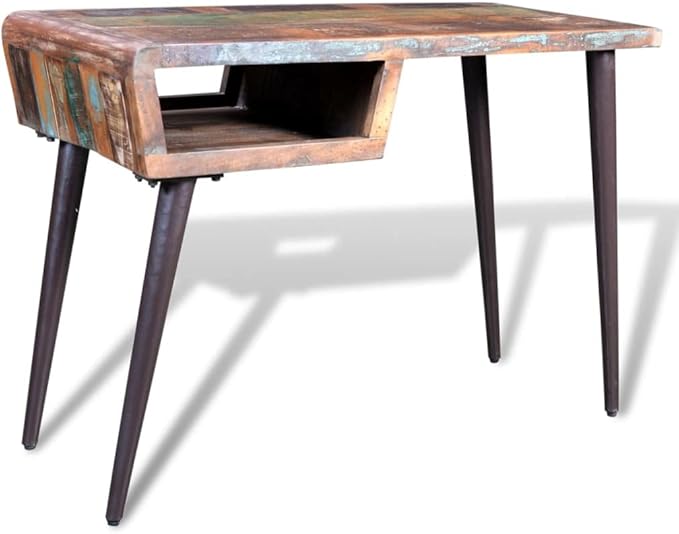 Reclaimed Wood Desk with Iron Legs, Solid Wood Table, Compact Design with Storage Compartment, Suitable for Office, Home, Gaming, Standing Workstation, Modern Writing Table