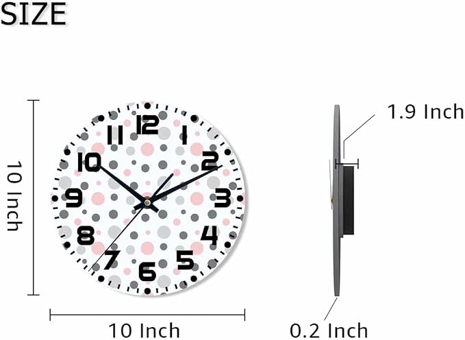 Polka Dot Pattern Wall Clock Pink Gray White Battery Powered Wall Clock Silent Non Ticking 10 Inch for Living Room, Kitchen, Home,Bathroom, Bedroom