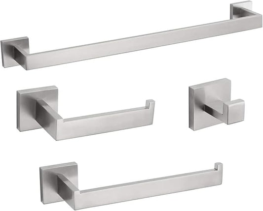 4-Piece Bathroom Hardware Set, Towel Rack Towel Bar Towel Holder Toilet Paper Holder Brushed Nickel Towel Hooks Modern Square Stainless Steel Wall Mounted Bathroom Accessories Set, 23inch