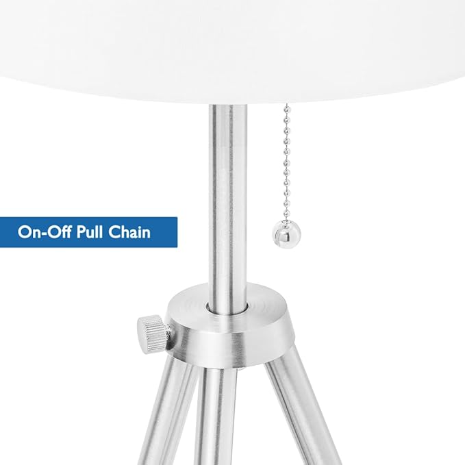 O’Bright Tripod Table Lamp, Adjustable in Height, 100% Metal Body with Linen Drum Shade, Bedside Lamp, Nightstand Lamp, Side Table Lamp for Living Room, Bedroom, Office, Brushed Nickel