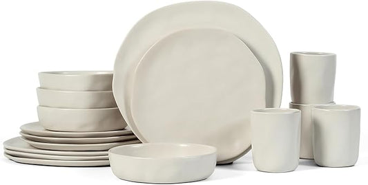 Stone by Mercer Project HEKONDA Modern Stoneware 16-Piece Dinnerware Set, Plate and Bowl Set, Dish Set for 4, Beige