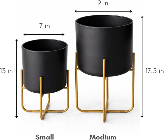 Kirpi Modern Planter Pots, Set of 2 Round Black Planters with Gold Stand, Decorative Floor Planters, Metal Pots with Drainage Holes for Living Room, Office, Garden, Balcony, 7 and 9 Inch Diameter