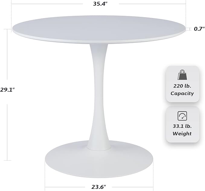 VONLUCE White Round Dining Table,36" Tulip Table,Kitchen Table for 4 to 6 Person,Modern Furniture with MDF Top & Pedestal Base for Dining Room, Living Room White
