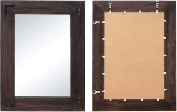 YOSHOOT Rustic Wooden Framed Wall Mirror, Natural Wood Bathroom Vanity Mirror for Farmhouse Decor, Vertical or Horizontal Hanging (26" x 18", Black)