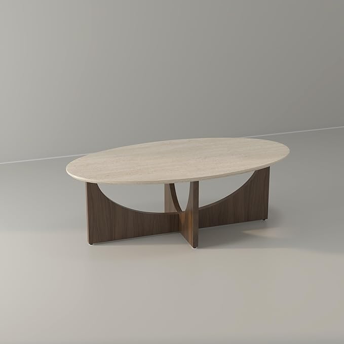 Honyee Oval Coffee Table 47 Inch for Living Room, Travertine-Look Center Table with Wood Base, Large Beige Oval Coffee Tables for Home Apartment Small Spaces