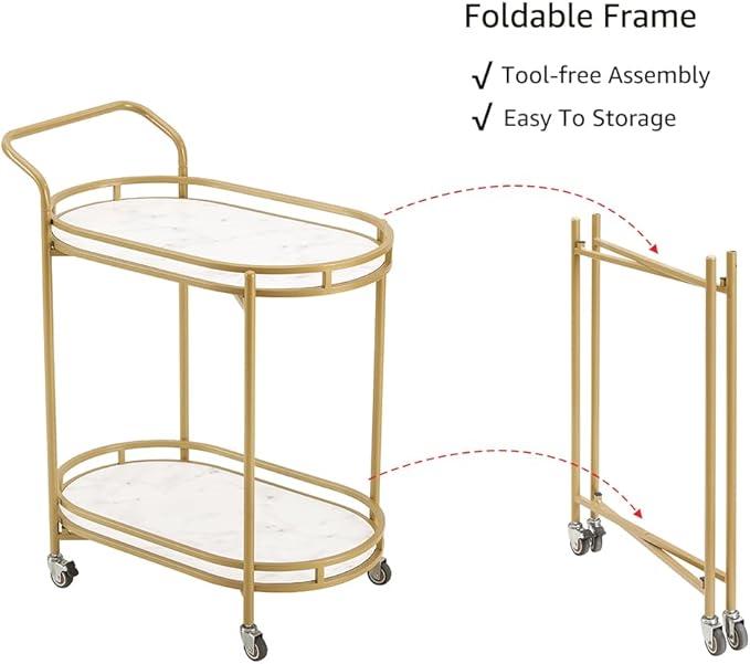 unipaws Bar Cart with Wheels, Easy Assembly Rolling Serving Bar Trolley with 2-Tier Shelves and Rotating Wheels for Home Kitchen Dining and Living Room (Gold & White)