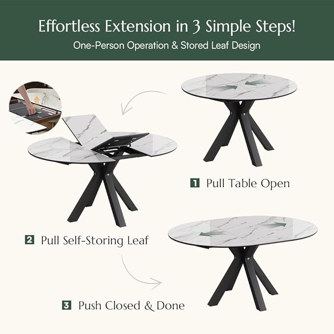 POVISON Modern Extendable Dining Table, 47" to 63" Round to Oval Sintered Stone Kitchen Table with Carbon Steel Pedestal Base for 4-6, White with Black(Table Only