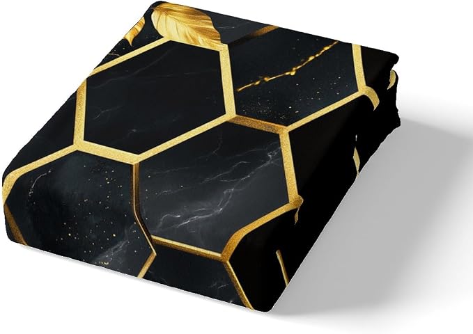 Erosebridal Marble Geometric Toddler Duvet Cover Honeycomb Comforter Cover for Kids Teens | Black Golden Beehive Hexagon Bedding Set Stripes Bed Set with 1 Pillow Case