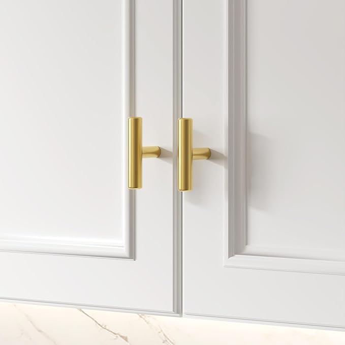 Goldenwarm 5pcs Brushed Brass Single Bar Cabinet Cupboard Drawer Door Handle Pull Knob for Furniture Kitchen Hardware Overall Length 2in