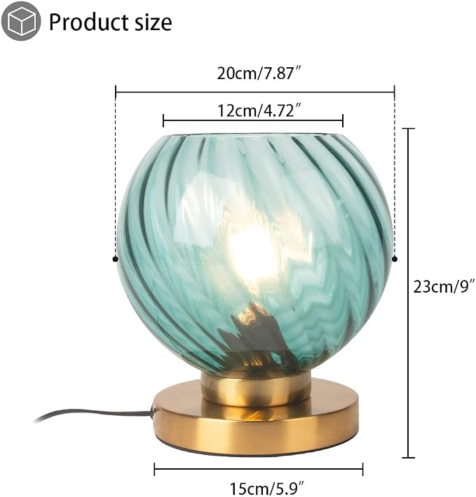 Mid Century Table Lamp, Globe Desk Lamp with Blue Handblown Glass Shade, Gold Metal Nightstand Night Light for Room Home Office Desk Dorm Studyroom (Blue)