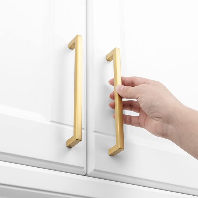 KOOFIZO Solid Square Bar Cabinet Handle - Brushed Gold Furniture Pull, 6.3 Inch/160mm Screwhole Distance, 10-Pack for Kitchen Cupboard Door, Bedroom Dresser Drawer, Bathroom Wardrobe Hardware