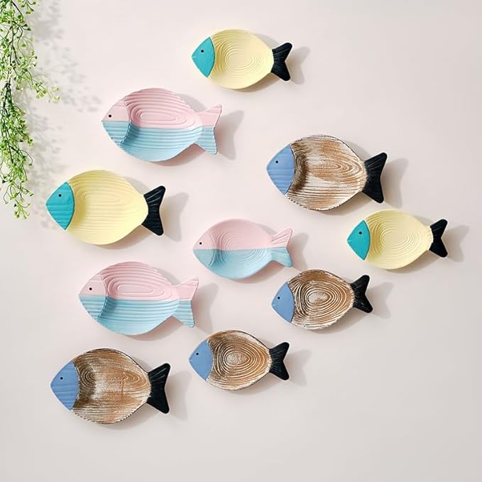 2PC Beach Decor for Home or Ocean Decor Fish Hanging Wall Art Coastal Decor Ocean Bathroom Decor Nautical Wall Decor, Fish Decor for Bathroom, Patio or Pool. Wooden Vintage