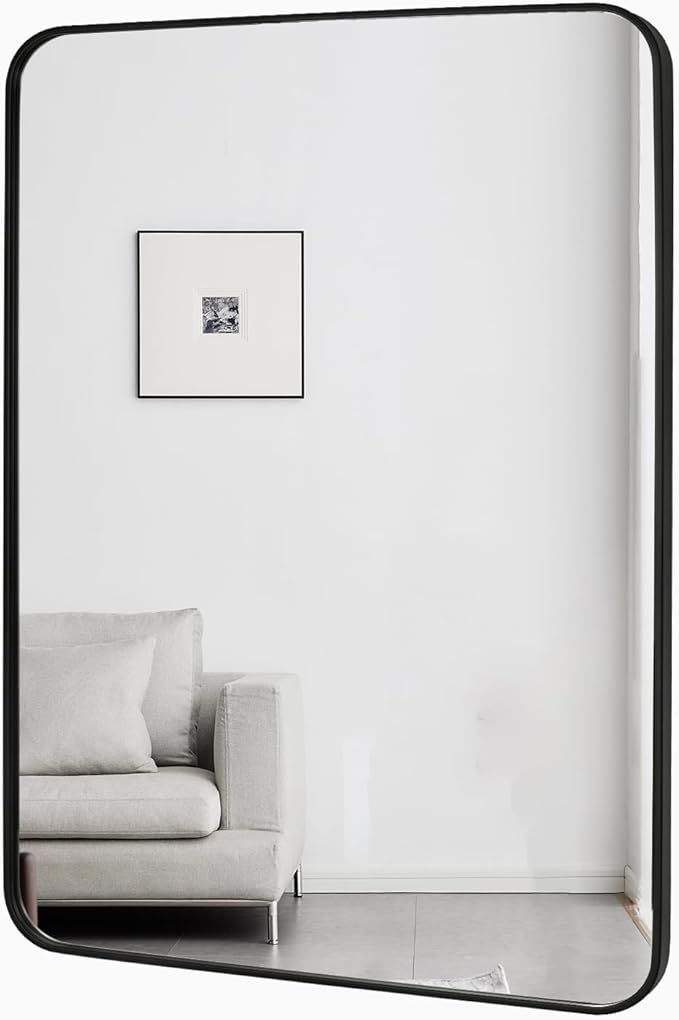 Black Bathroom Mirror 24X32 Inch Rounded Rectangle Wall Mirror Stainless Steel Metal Frame Vanity Mirror Anti-Rust for Entryway, Bathroom, Vanity, Living Room Hangs Vertically or Horizontally