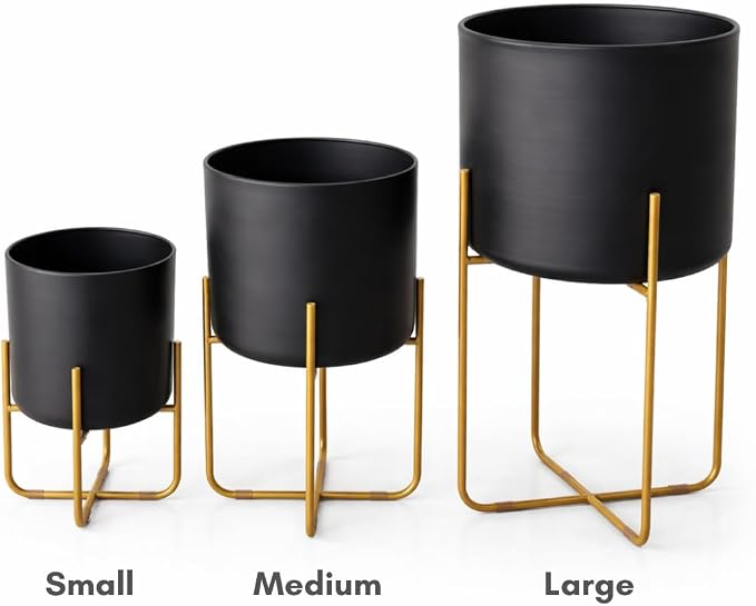 Kirpi Modern Planter Pots, Set of 2 Round Black Planters with Gold Stand, Decorative Floor Planters, Metal Pots with Drainage Holes for Living Room, Office, Garden, Balcony, 7 and 9 Inch Diameter
