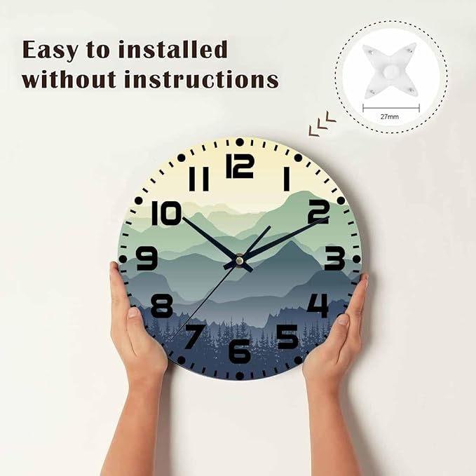 Mountain Wall Clock Battery Operated Natureforestmountainscenery Wall Clock Silent Non Ticking Quality Quartz 10 Inch Round Easy Clock to Read for Home Office