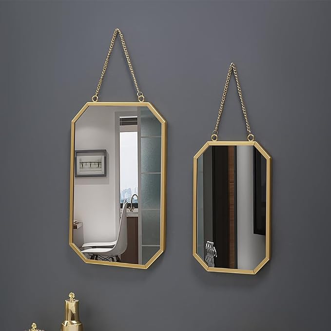 Gold Mirrors for Wall - 2pcs/Set Metal Hexagon Mirror Room Decor & Home Decor Decorative Hanging Boho Mirror Wall Decor for Bedroom Living Room Entryway (Square)