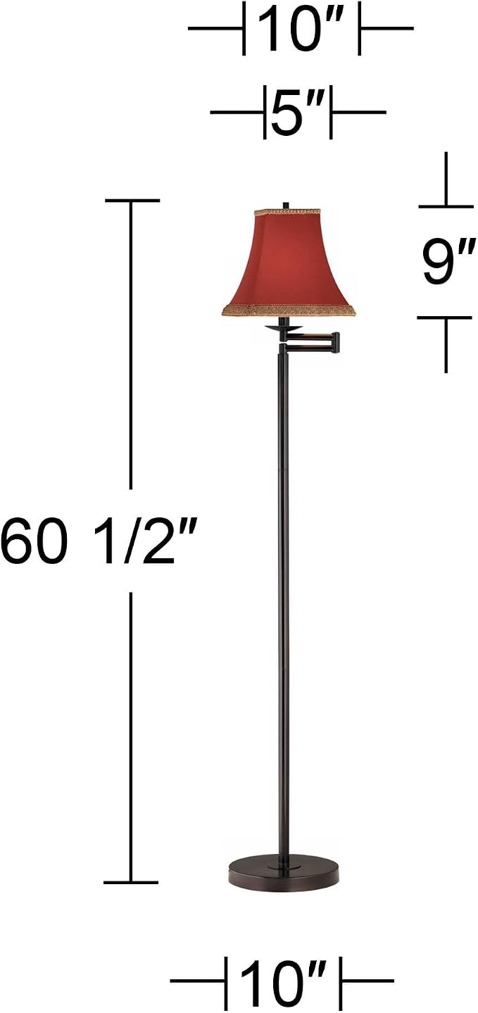 360 Lighting Country Cottage Core Swing Arm Floor Lamp 60 1/2" Tall Dark Bronze Adjustable Orange Red Fabric Bell Shade with Gold Braid Trim for Living Room Reading House Bedroom Office