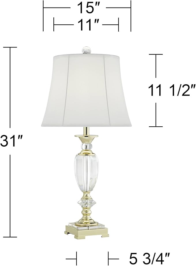 Vienna Full Spectrum Traditional Table Lamps 28 3/4" Tall Set of 2 Brass Clear Faceted Crystal White Fabric Bell Shade Decor for Living Room Bedroom House Bedside Nightstand Home Office Family