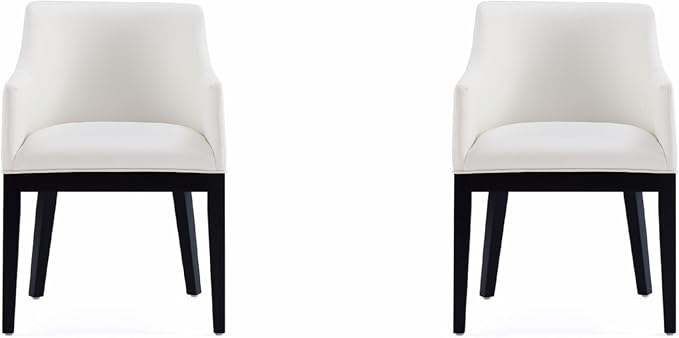 Manhattan Comfort Gansevoort Modern Faux Leather Dining Chair with Arms, Leatherette Upholstery on Solid Beech Wood Frame, Accent Furniture for Kitchen Table or Office, Set of 2, Cream