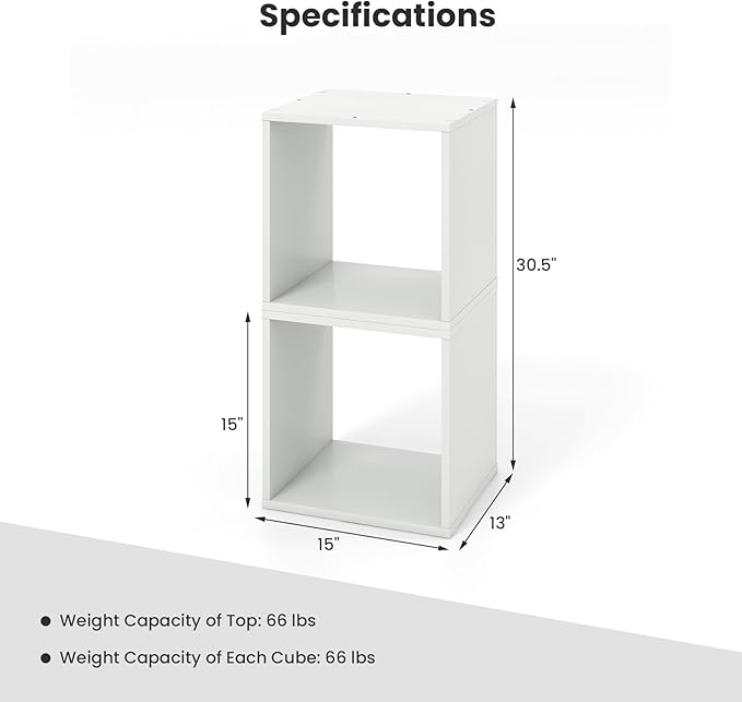 Giantex 4 Cube Bookshelf Organizer, 2-Tier Stackable Cube Storage Organizer, Small Wooden Open Book Shelf with Anti-toppling Device, Wood Floor Standing Display Shelving Bookcase, White