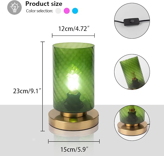 Small Mid Century Table lamp Green Glass Bedside Desk Lamp Long Cylindrical Glass Shape Mid Century Nightstand Desk Lamp for Living Room Bedroom Office (Green)