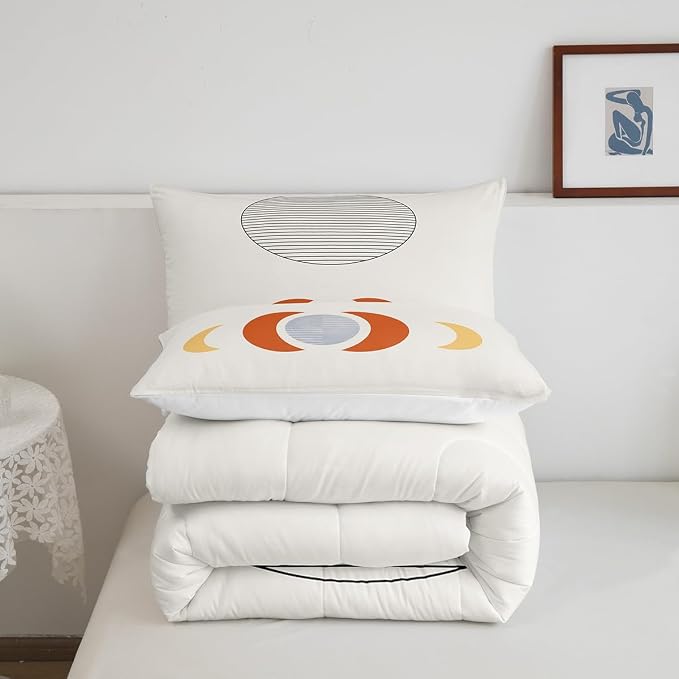 Mid Century Bedding Set King Abstract Moon Comforter Set, Striped Duvet Insert White Aesthetic Quilt Sets, Retro Minimalism Bedding Comforters & Sets Modern Art Bedroom Decor Ultra Soft 3pcs