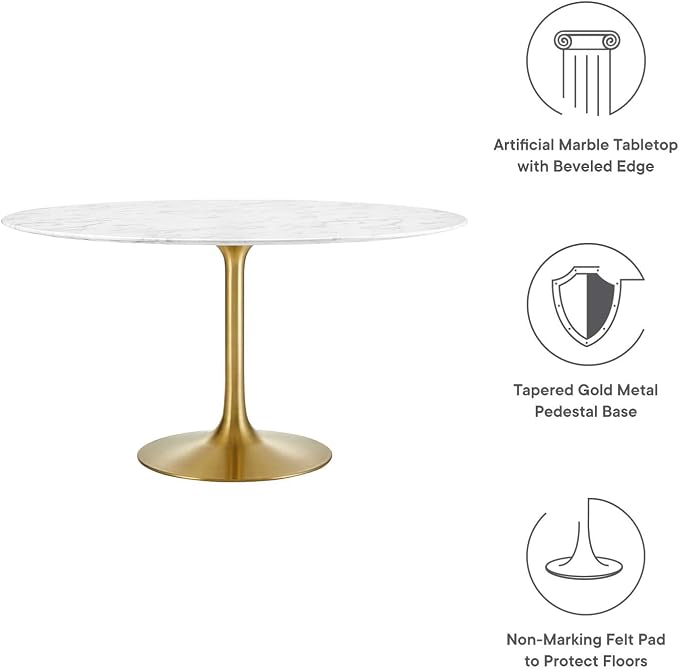 Modway Lippa 54" Mid-Century Dining Table with Round Artificial Marble Top in Gold White