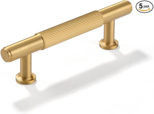 SALISENG-5 Pack Gold Kitchen Cabinet Handles, Brushed Brass Dresser Drawer Pulls, 3 Inches Furniture Door Handles for Cupboard Bedroom Wardrobe (Arina)