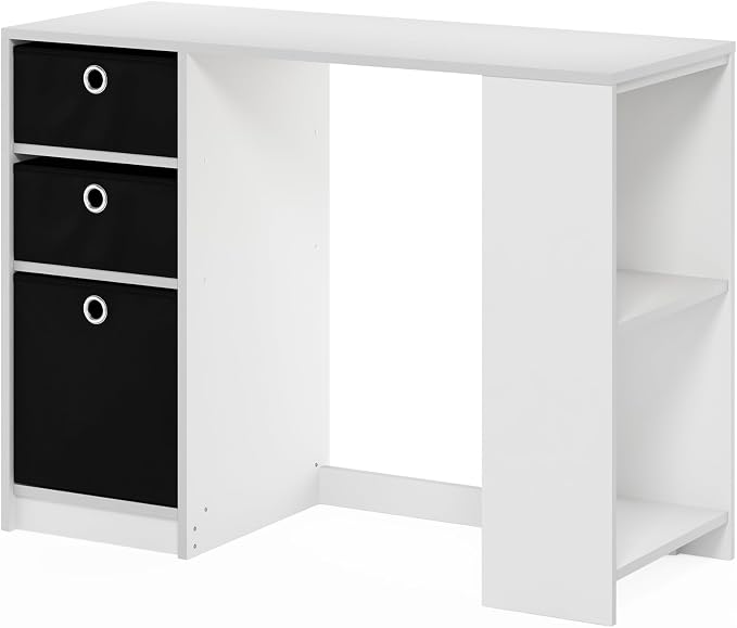Furinno Jaya Desk, 39.4" Wide Gaming Desk with Drawer Bins, Computer Desk with Side Book Shelf, Writing Desk, Office Desk for Home Office, Study Room, Dorm, Bedroom, White